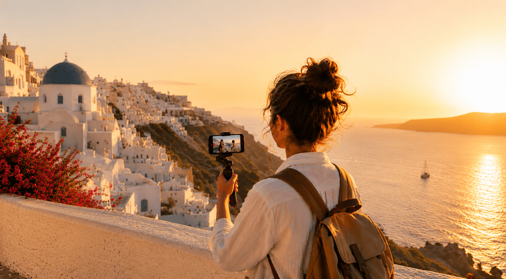 Creator filming a travel experience in Santorini